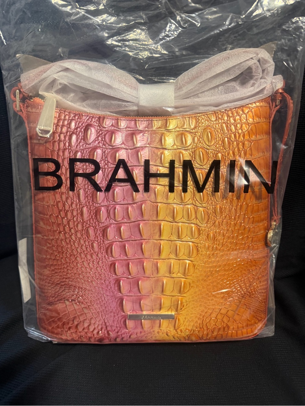 Brahmin Ombre Croc-Embossed Crossbody in Pink and Orange